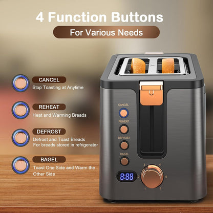 Mecity Toaster 2 Slice Stainless Steel Body Timer, Bagel/Defrost/Reheat/Cancel Functions,Warming Rack, Removable Tray, 6 Browning Settings, Extra Wide Slots, Bread Toaster, 120V 800W Grey