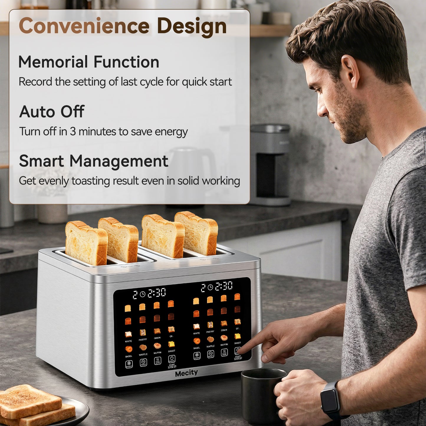 Mecity 4 Slice Smart Touchscreen Toaster with Auto Lift, Stainless Steel Wide Slot Bagel Toaster, 8 Bread Presets & 8 Shade Settings, 30-Minute Keep Warm Function, Memory Function
