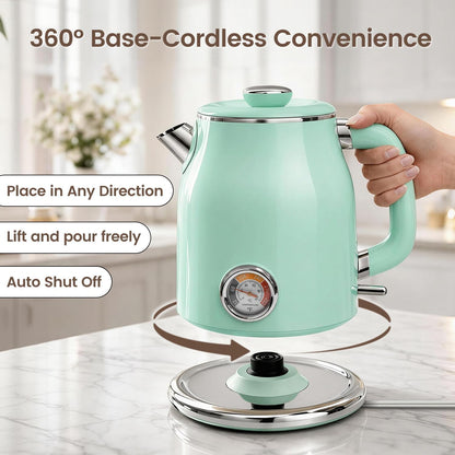Mecity Retro Electric Kettle, 1.7L Hot Water Boiler with Thermometer, Stainless Steel Interior, 1500W Fast Boil Tea Kettle, Double Wall Cool Touch, Wide Mouth, Green