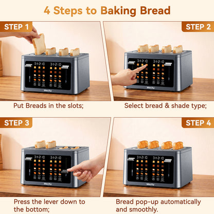 Mecity 4 Slice Touchscreen Toaster, Stainless Steel Wide Slot Toaster with Dual Independent Controls, 6 Bread Presets & 6 Sh