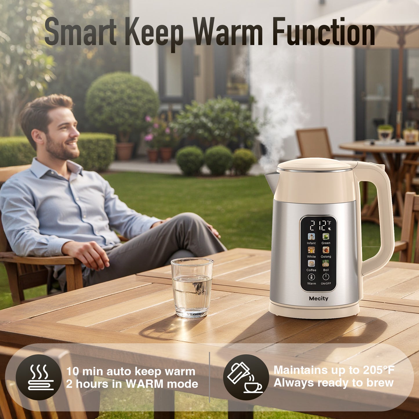 Mecity Electric Kettle 1.7L Touch Screen Temperature Control Water Boiler, No Plastic Contact with Water. 6 Presets For Tea and Coffee, 2 Hours Keep Warm, Auto Shut Off, Cream & Stainless Steel Color