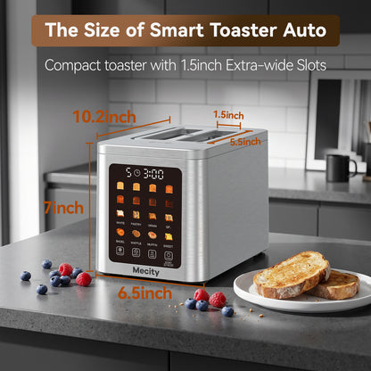 Mecity 2 Slice Smart Touchscreen Toaster, Stainless Steel Wide Slot Toaster with Auto Lift&30-Minute Warm, Memory Function, Digital Bread Toaster for Bagels, 850W