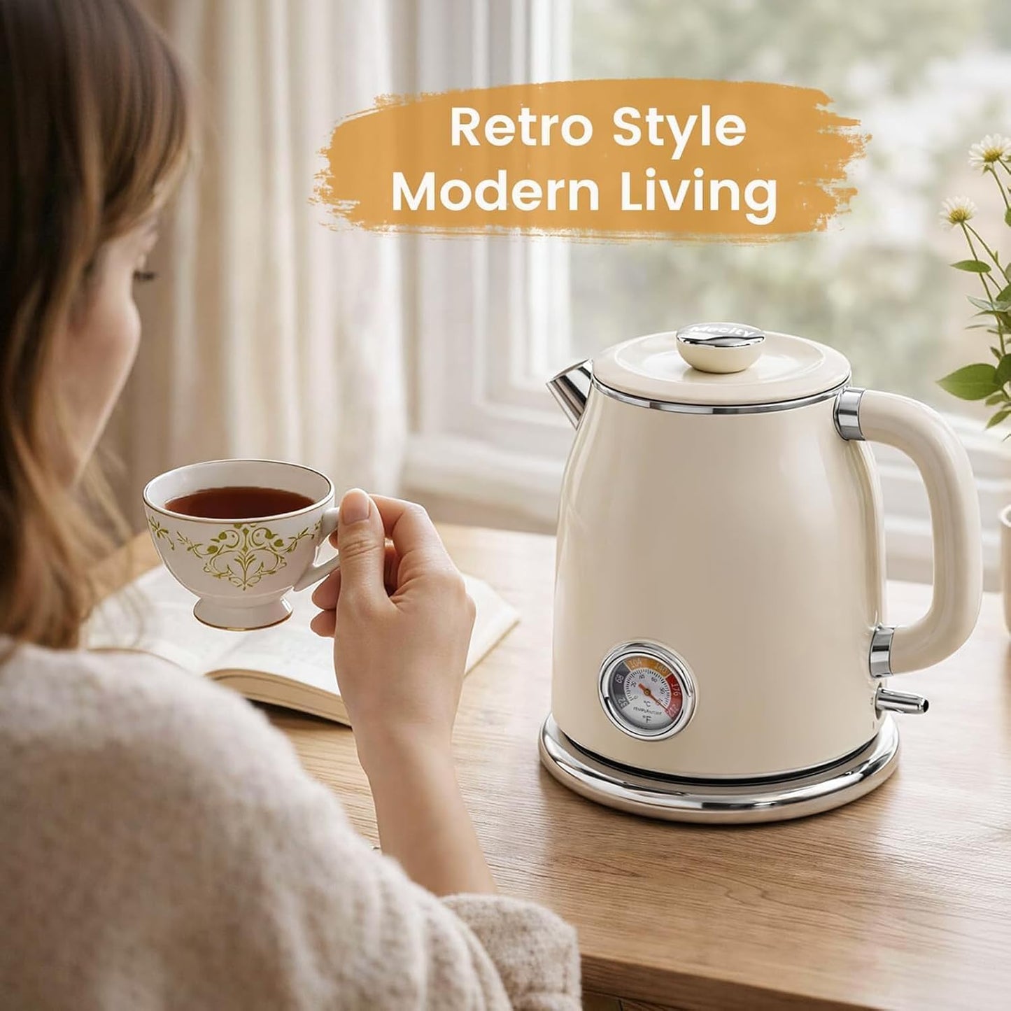 Mecity Retro Electric Kettle, 1.7L Hot Water Boiler with Thermometer, Stainless Steel Interior, 1500W Fast Boil Tea Kettle, Double Wall Cool Touch, Wide Mouth, Cream