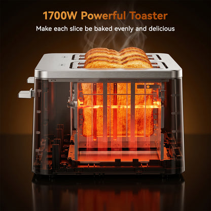 Mecity 4 Slice Touchscreen Toaster, Stainless Steel Wide Slot Toaster with Dual Independent Controls, 6 Bread Presets & 6 Shade Settings, Countdown Timer, Memory Function, Defrost, 1700W