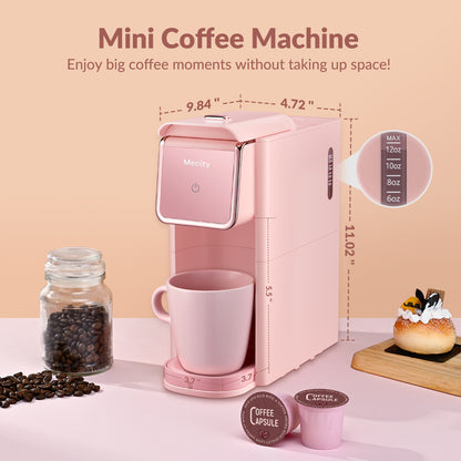 Mecity Coffee Maker Mini Single Serve Coffee Machine Compatible with K-Cup Capsule, Ground Coffee, Loose Tea, Compact Design For Home Use, RV, Apartment, Auto Shut Off 120V 1000W -Pink