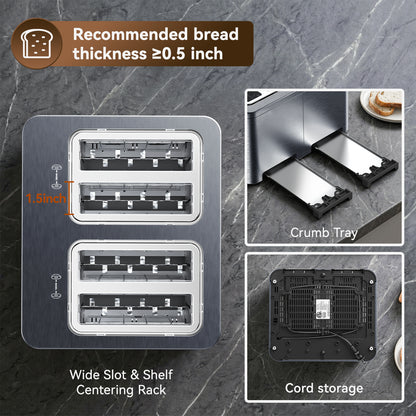 Mecity 4 Slice Smart Touchscreen Toaster with Auto Lift, Stainless Steel Wide Slot Bagel Toaster, 8 Bread Presets & 8 Shade Settings, 30-Minute Keep Warm Function, Memory Function