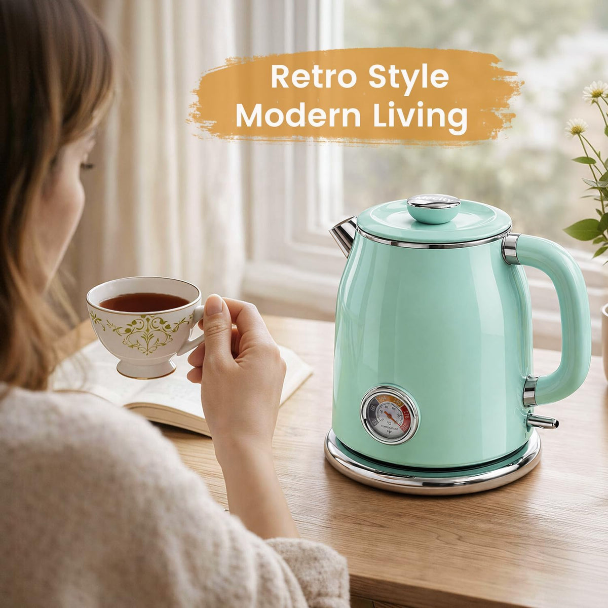 Mecity Retro Electric Kettle, 1.7L Hot Water Boiler with Thermometer, Stainless Steel Interior, 1500W Fast Boil Tea Kettle, Double Wall Cool Touch, Wide Mouth, Green