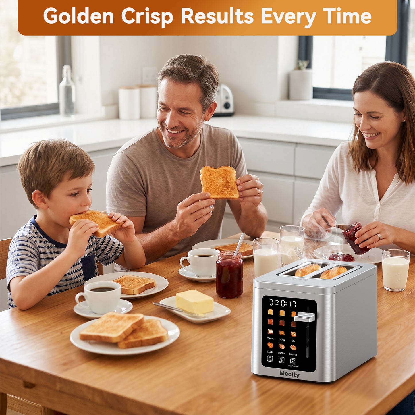 Mecity 2 Slice Smart Touchscreen Toaster, Stainless Steel Wide Slot Toaster with Auto Lift& Shut Off, Memory Function, Digital Bread Toaster for Bagels, 850W