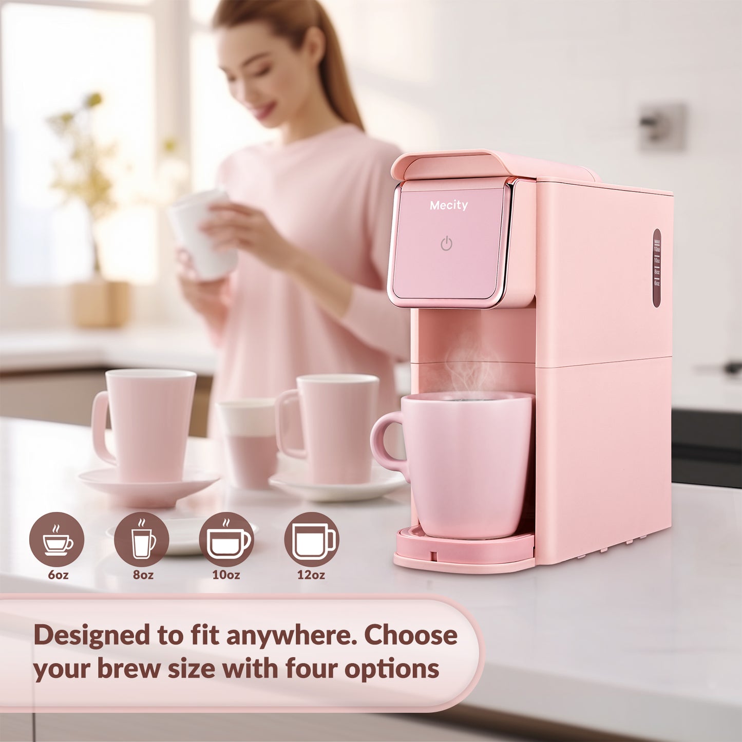 Mecity Coffee Maker Mini Single Serve Coffee Machine Compatible with K-Cup Capsule, Ground Coffee, Loose Tea, Compact Design For Home Use, RV, Apartment, Auto Shut Off 120V 1000W -Pink