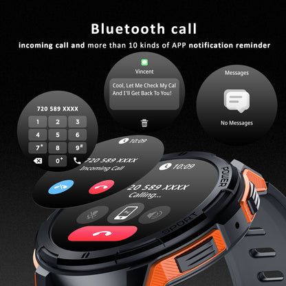 Vowtop Smart Watch for Men, 1.43" HD AMOLED, 10M Waterproof, Rugged Military (Answer/Calls/Dial) Fitness Tracker, Extra-Long Battery Life, AI Assistant, Round-Face, Black & Orange