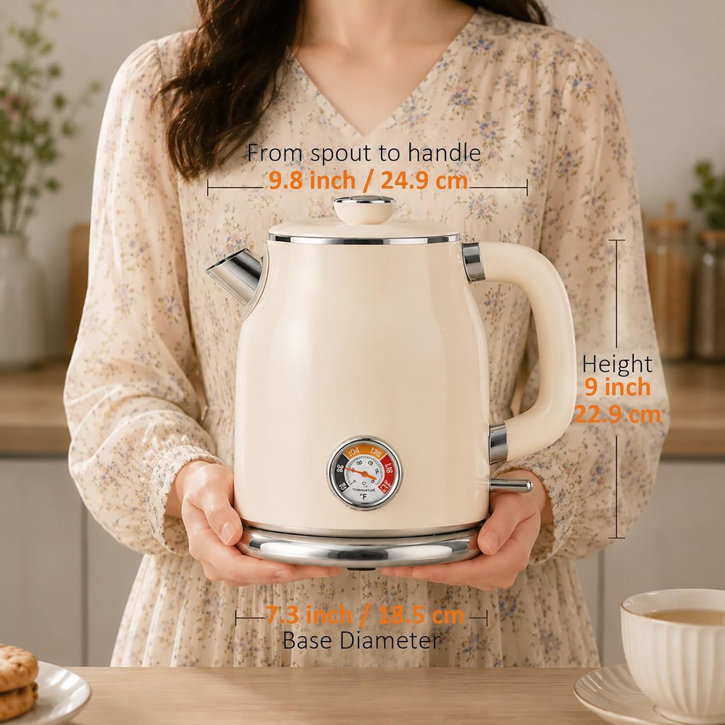 Mecity Retro Electric Kettle, 1.7L Hot Water Boiler with Thermometer, Stainless Steel Interior, 1500W Fast Boil Tea Kettle, Double Wall Cool Touch, Wide Mouth, Cream