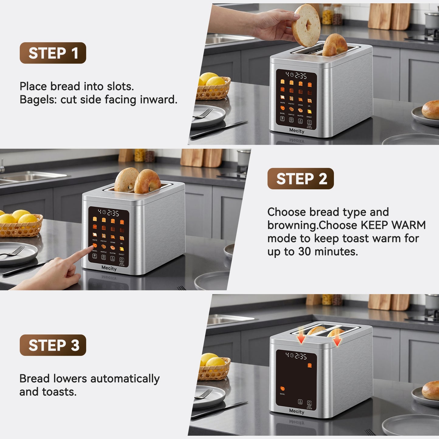 Mecity 2 Slice Smart Touchscreen Toaster, Stainless Steel Wide Slot Toaster with Auto Lift&30-Minute Warm, Memory Function, Digital Bread Toaster for Bagels, 850W