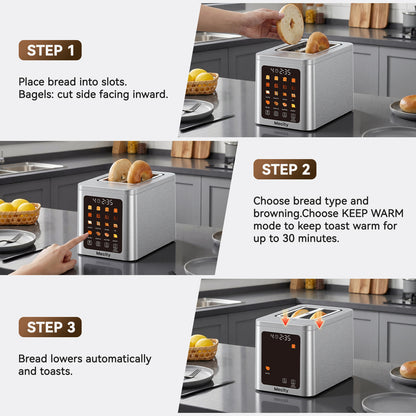 Mecity 2 Slice Smart Touchscreen Toaster, Stainless Steel Wide Slot Toaster with Auto Lift&30-Minute Warm, Memory Function, Digital Bread Toaster for Bagels, 850W