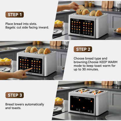 Mecity 4 Slice Smart Touchscreen Toaster with Auto Lift, Stainless Steel Wide Slot Bagel Toaster, 8 Bread Presets & 8 Shade Settings, 30-Minute Keep Warm Function, Memory Function