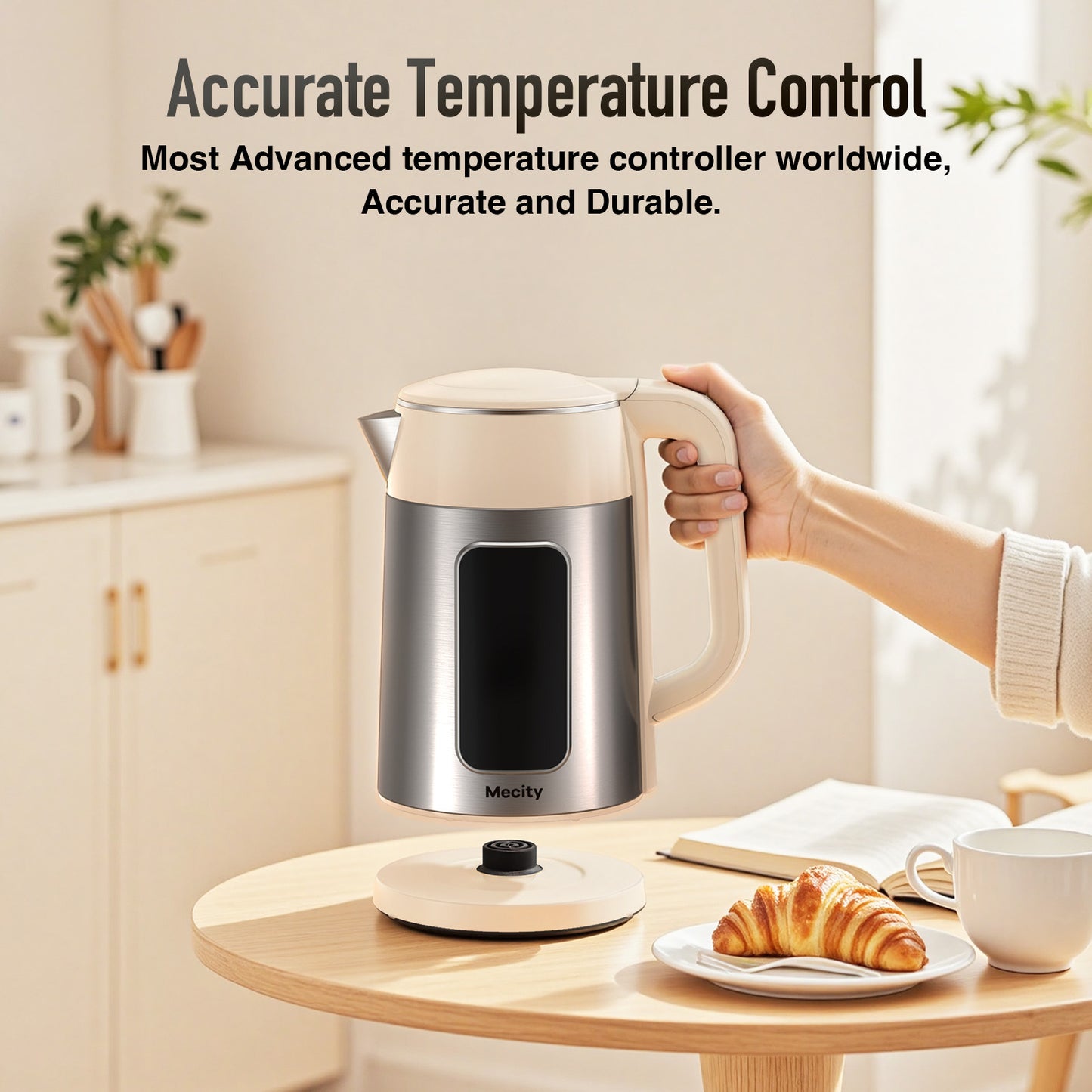 Mecity Electric Kettle 1.7L Touch Screen Temperature Control Water Boiler, No Plastic Contact with Water. 6 Presets For Tea and Coffee, 2 Hours Keep Warm, Auto Shut Off, Cream & Stainless Steel Color