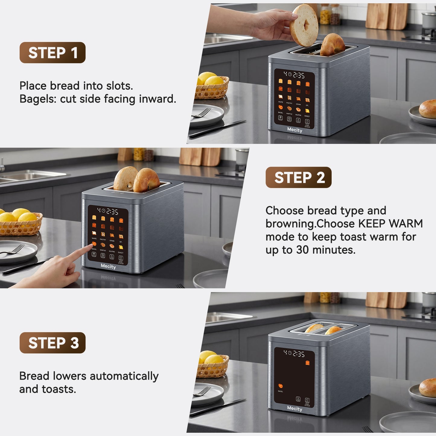 Mecity 2 Slice Smart Touchscreen Toaster, Stainless Steel Wide Slot Toaster with Auto Lift&30-Minute Warm, Memory Function, Digital Bread Toaster for Bagels, 850W