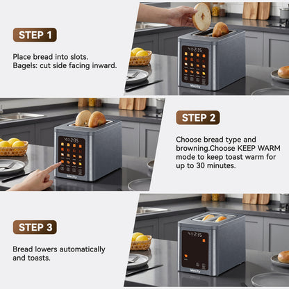 Mecity 2 Slice Smart Touchscreen Toaster, Stainless Steel Wide Slot Toaster with Auto Lift&30-Minute Warm, Memory Function, Digital Bread Toaster for Bagels, 850W