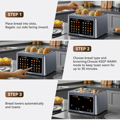 Mecity 4 Slice Smart Touchscreen Toaster with Auto Lift, Stainless Steel Wide Slot Bagel Toaster, 8 Bread Presets & 8 Shade Settings, 30-Minute Keep Warm Function, Memory Function