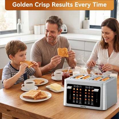 Mecity 4 Slice Touchscreen Toaster, Stainless Steel Wide Slot Toaster with Dual Independent Controls, 6 Bread Presets & 6 Shade Settings, Countdown Timer, Memory Function, Defrost, 1700W