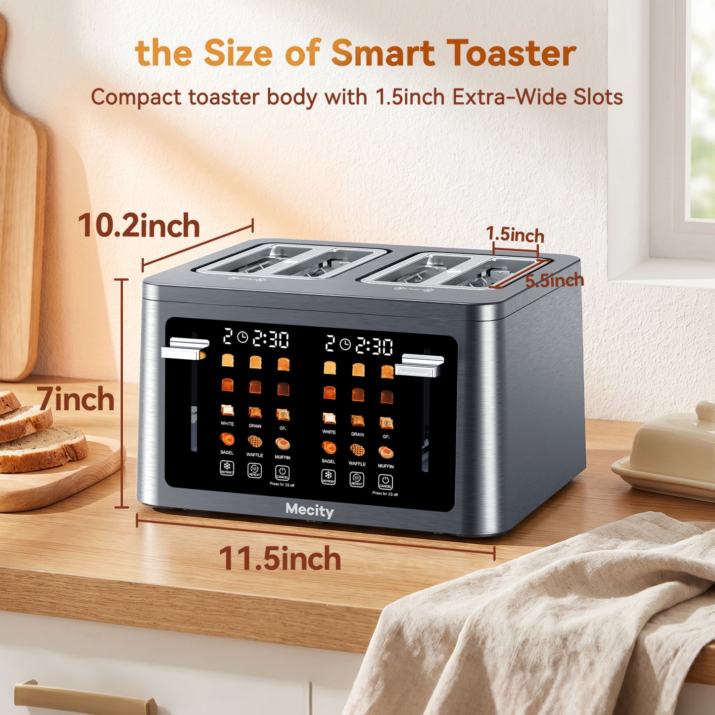 Mecity 4 Slice Touchscreen Toaster, Stainless Steel Wide Slot Toaster with Dual Independent Controls, 6 Bread Presets & 6 Sh