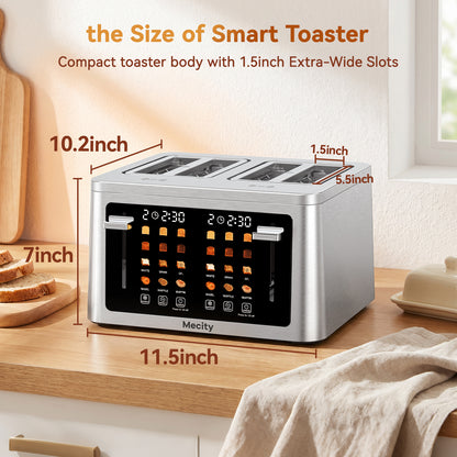 Mecity 4 Slice Touchscreen Toaster, Stainless Steel Wide Slot Toaster with Dual Independent Controls, 6 Bread Presets & 6 Shade Settings, Countdown Timer, Memory Function, Defrost, 1700W