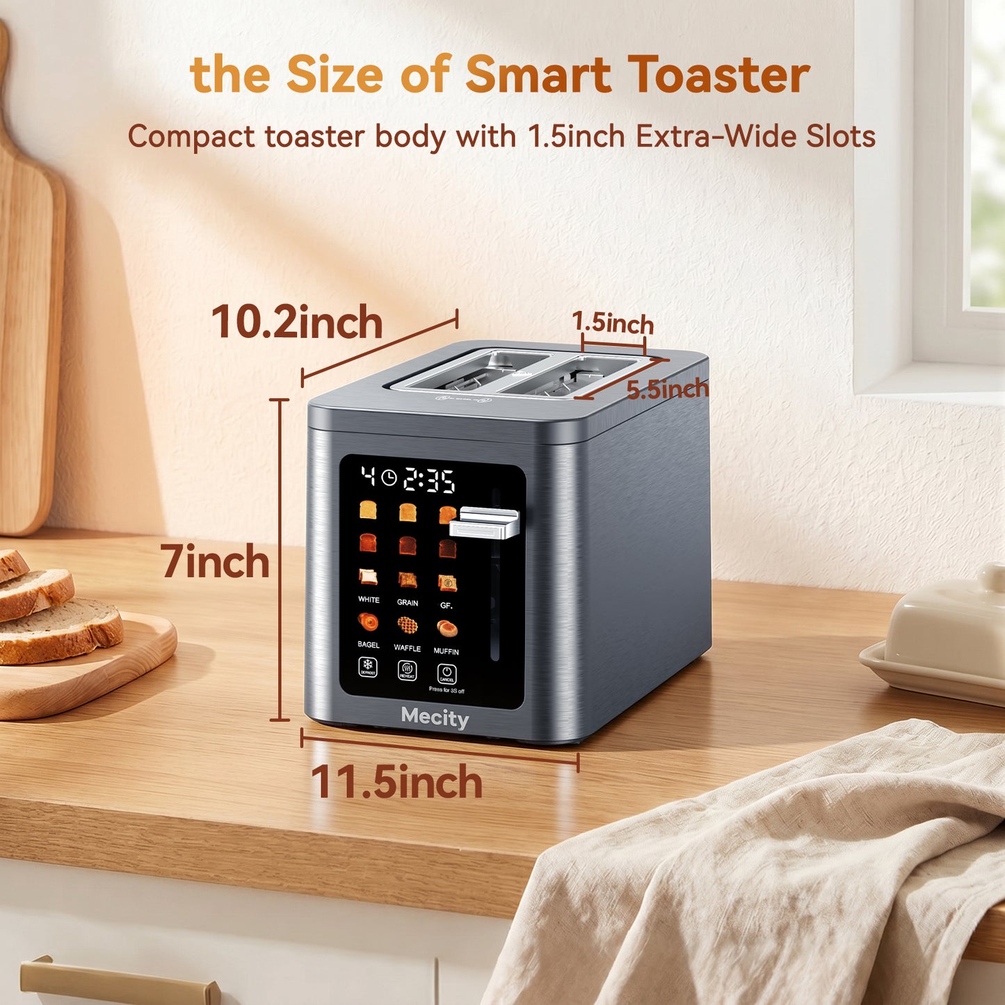 Mecity 2 Slice Smart Touchscreen Toaster, Stainless Steel Wide Slot Toaster with Auto Lift& Shut Off, Memory Function, Digital Bread Toaster for Bagels, 850W
