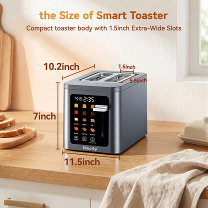 Mecity 2 Slice Smart Touchscreen Toaster, Stainless Steel Wide Slot Toaster with Auto Lift& Shut Off, Memory Function, Digital Bread Toaster for Bagels, 850W