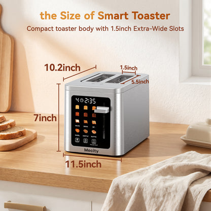 Mecity 2 Slice Smart Touchscreen Toaster, Stainless Steel Wide Slot Toaster with Auto Lift& Shut Off, Memory Function, Digital Bread Toaster for Bagels, 850W