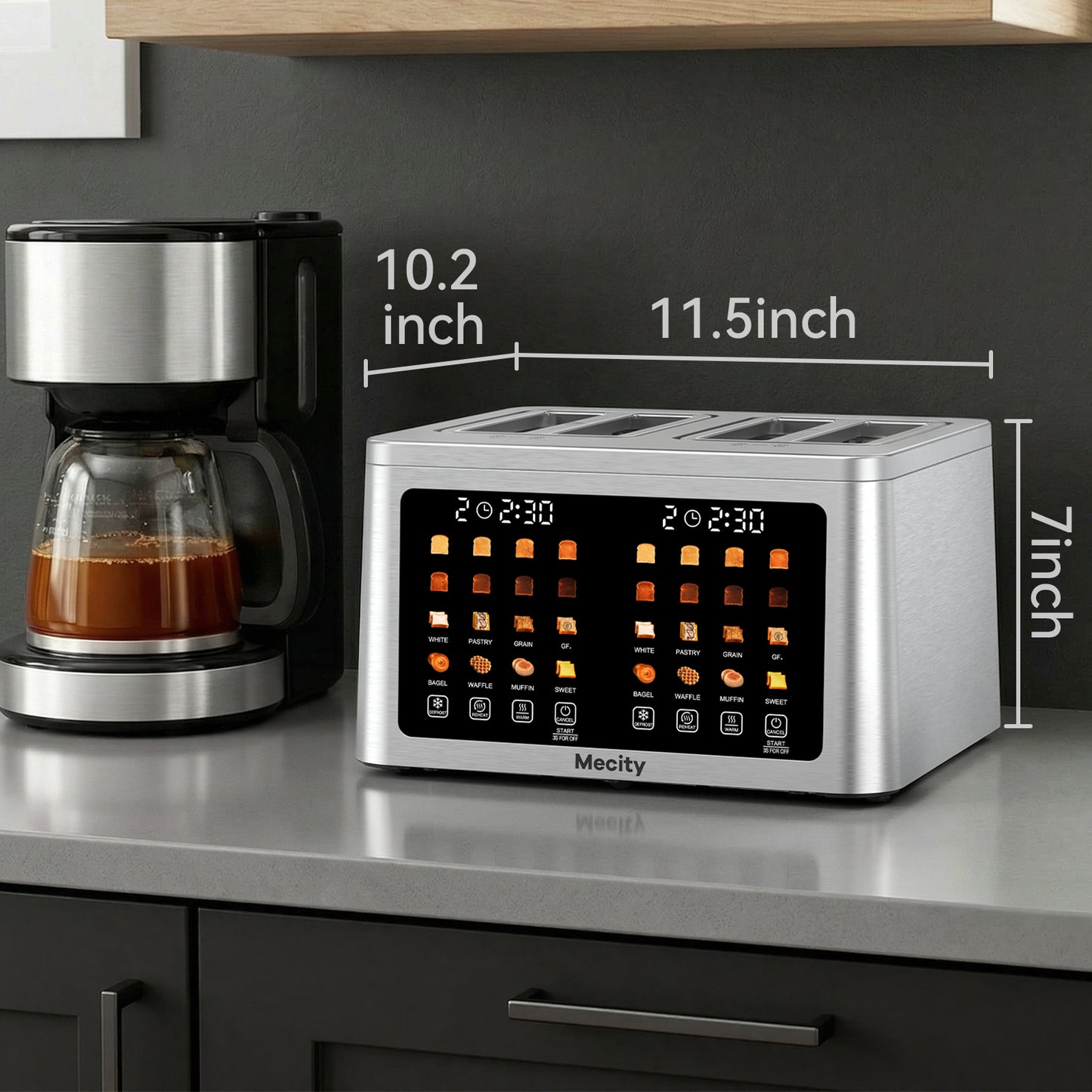 Mecity 4 Slice Smart Touchscreen Toaster with Auto Lift, Stainless Steel Wide Slot Bagel Toaster, 8 Bread Presets & 8 Shade Settings, 30-Minute Keep Warm Function, Memory Function