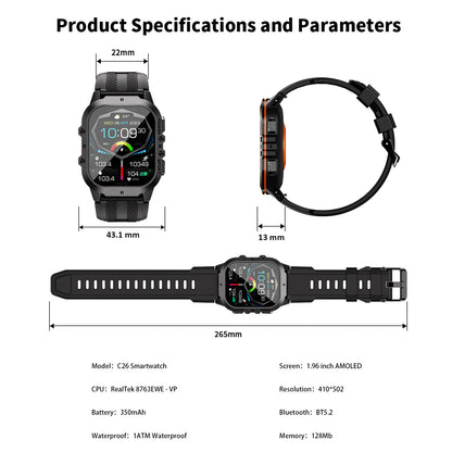 Vowtop Smart Watch for Men, 1.96" HD AMOLED, 10M Waterproof, Rugged Military (Answer/Calls/Dial) Fitness Tracker, Extra-Long Battery Life, AI Assistant/Sleep Monitor, Rectangular-Face, Black & Orange