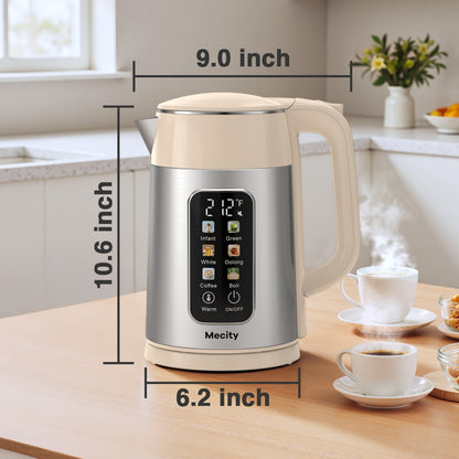Mecity Electric Kettle 1.7L Touch Screen Temperature Control Water Boiler, No Plastic Contact with Water. 6 Presets For Tea and Coffee, 2 Hours Keep Warm, Auto Shut Off, Cream & Stainless Steel Color