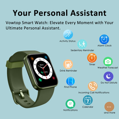 Vowtop Fitness Tracker for Men Women with Aluminum Alloy Frame, 1.69'' DIY Dial with 24/7 Monitor, 14 Sport Modes Smart Watch for Android iOS Phone-Olive Green