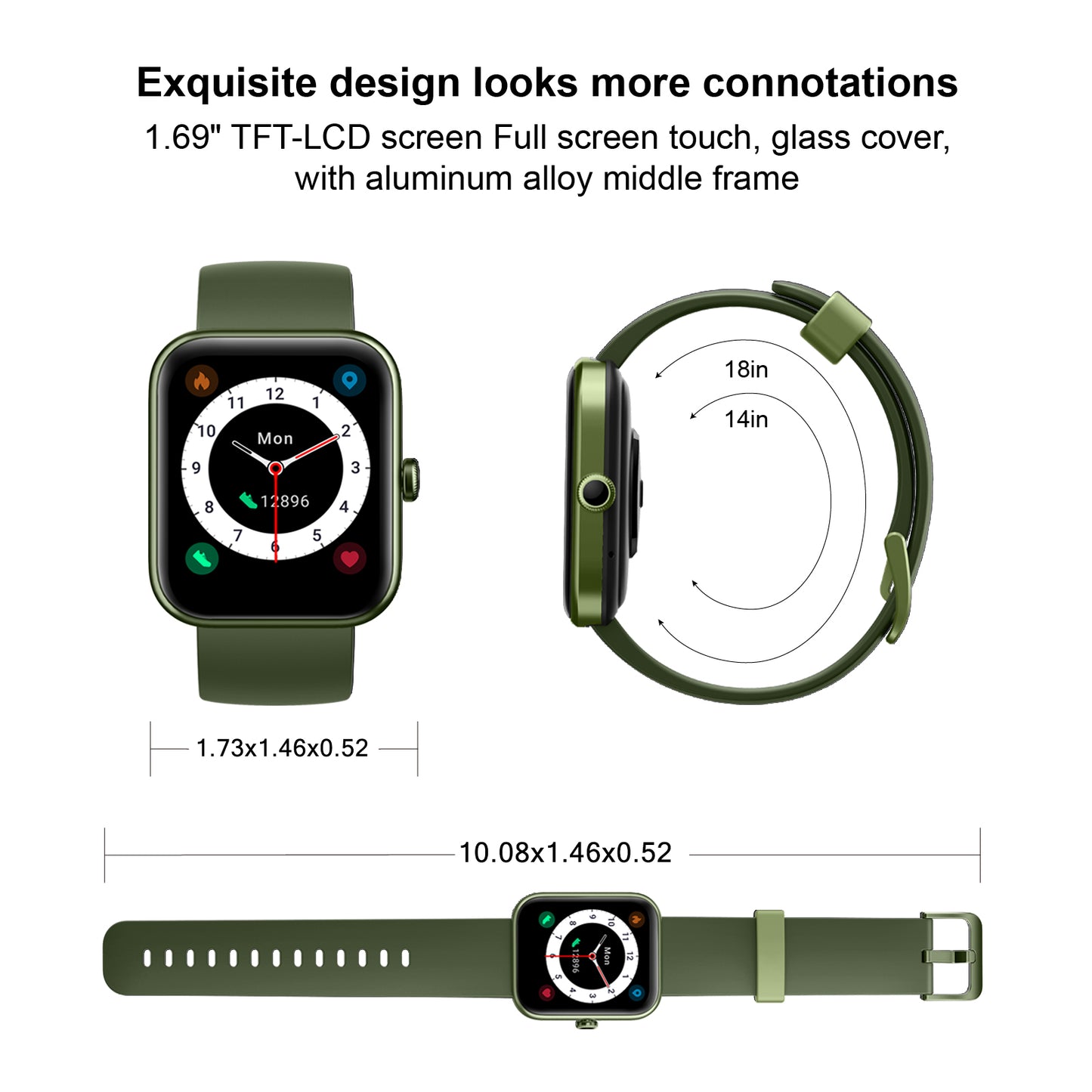 Vowtop Fitness Tracker for Men Women with Aluminum Alloy Frame, 1.69'' DIY Dial with 24/7 Monitor, 14 Sport Modes Smart Watch for Android iOS Phone-Olive Green